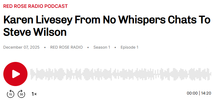 Red Rose Radio Podcast image showing Radio waves and Title of podcost with Karen Livesey